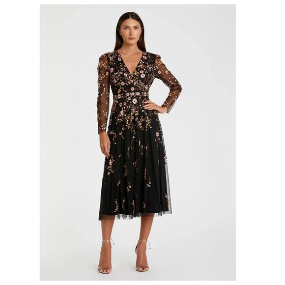 Mac Duggal Illusion Embroidered Midi A-line Cocktail Dress Size 14 - Picture 1 of 14